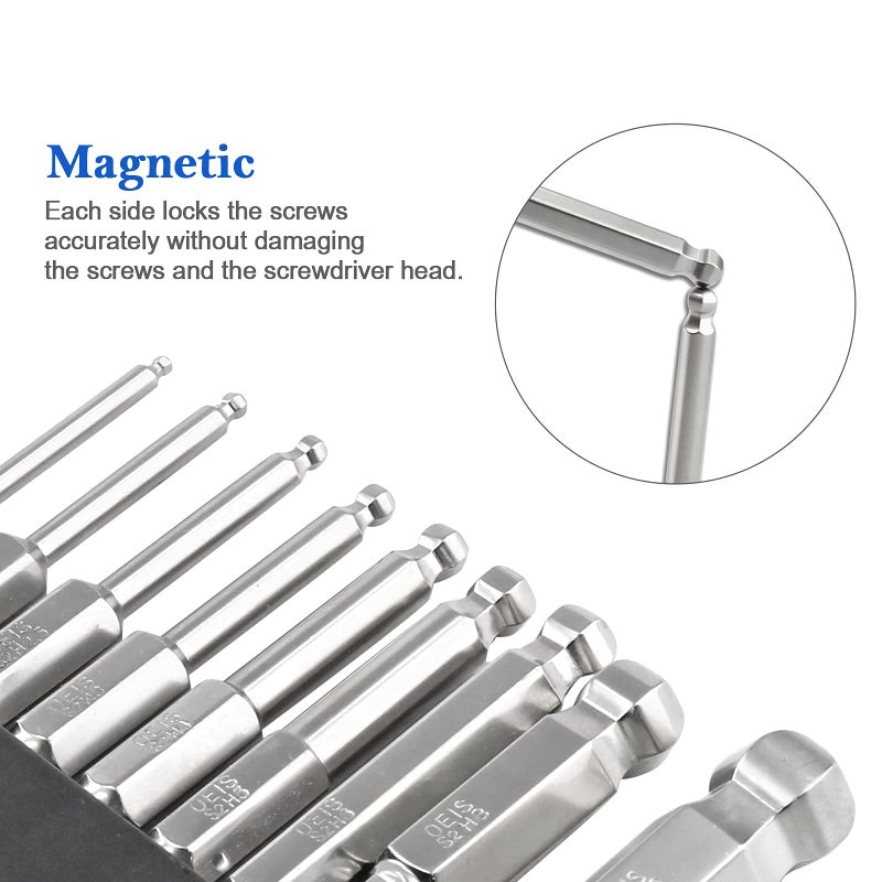 LDEXIN 9Pcs Ball End Hex Head Screwdriver Bits Set, 1.5mm 2mm 2.5mm 3mm 4mm 5mm 6mm 8mm 10mm Magnetic Tips Ball End Drill Bit Magnetic with 1/4 Inch Hex Shank, 50mm Length - Image 3