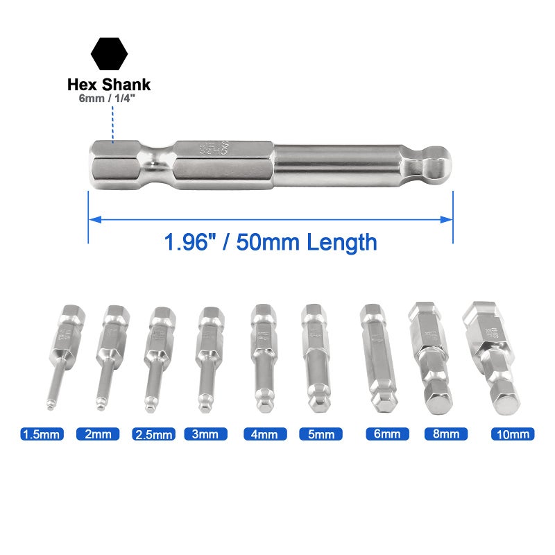 LDEXIN 9Pcs Ball End Hex Head Screwdriver Bits Set, 1.5mm 2mm 2.5mm 3mm 4mm 5mm 6mm 8mm 10mm Magnetic Tips Ball End Drill Bit Magnetic with 1/4 Inch Hex Shank, 50mm Length - Image 2
