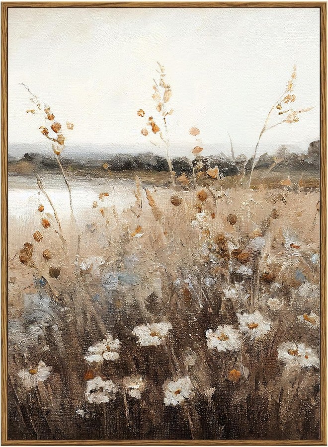 KBKBART Vintage Wall Art Framed, Retro Countryside Autumn Wildflower Field Landscape Canvas Painting Farmhouse Decor Wall Art, Rustic Fall Landscape Bathroom Wall Decor for Bedroom Living Room, - Image 1