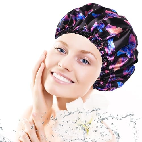 CHFONG 4 PCS Shower Cap for Women Elastic and Reusable Bath Caps Double Layers Shower Caps Reusable Waterproof Bathing Shower Caps Environmental Bath Hair Protection Cap Butterfly A - Image 3
