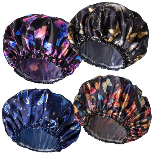 CHFONG 4 PCS Shower Cap for Women Elastic and Reusable Bath Caps Double Layers Shower Caps Reusable Waterproof Bathing Shower Caps Environmental Bath Hair Protection Cap Butterfly A - Image 1