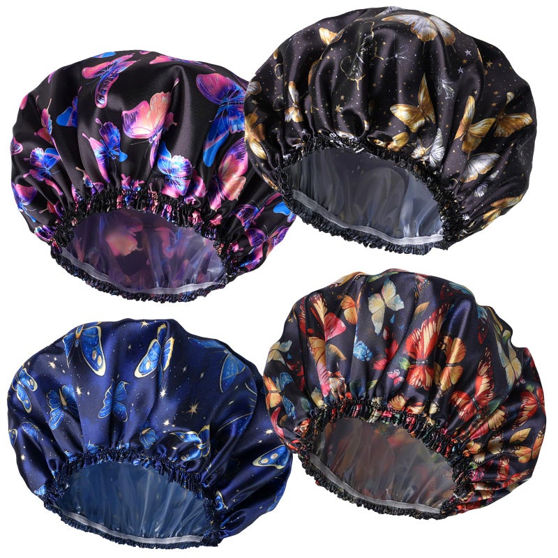 CHFONG 4 PCS Shower Cap for Women Elastic and Reusable Bath Caps Double Layers Shower Caps Reusable Waterproof Bathing Shower Caps Environmental Bath Hair Protection Cap Butterfly A - Image 2