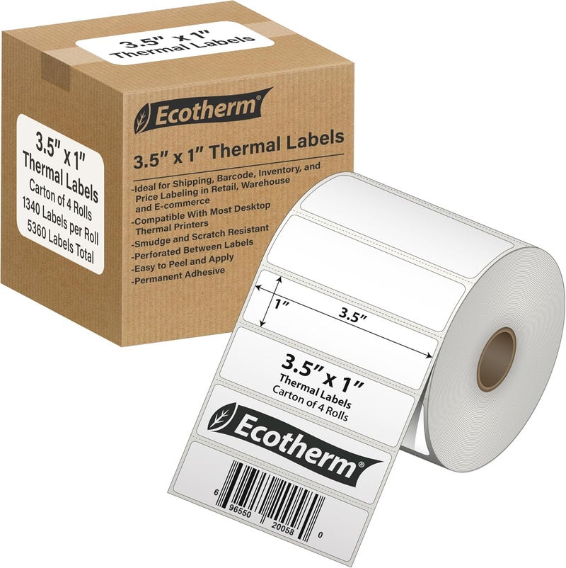 Ecotherm 3.5" x 1" Thermal Labels | 4 Rolls | 5360 Labels | fits Zebra, Munbyn, Rollo, Godex, Arkscan, iDPRT, Offnova Thermal Label Printers and More | Blank White Adhesive Stickers by - Image 1