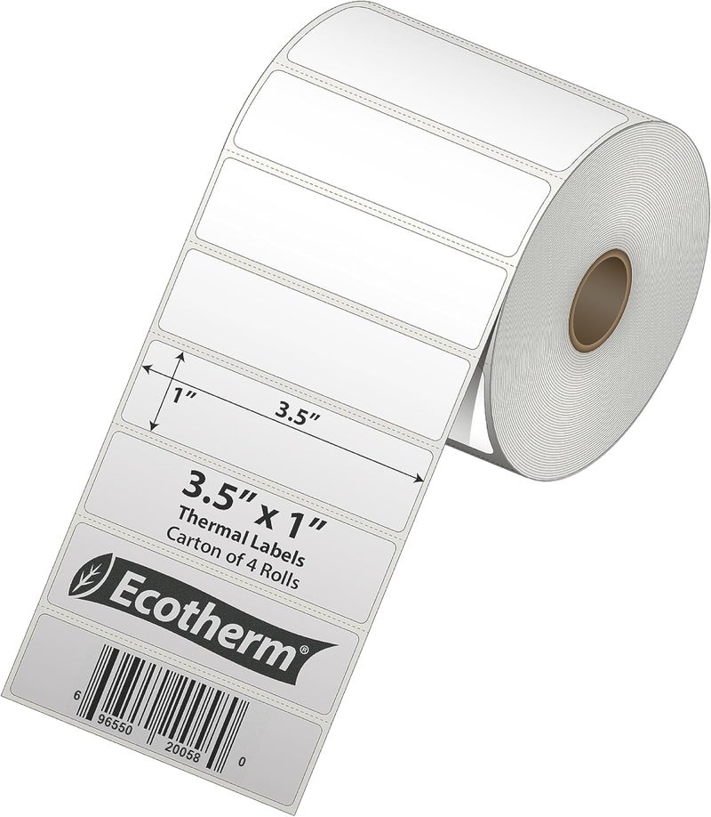 Ecotherm 3.5" x 1" Thermal Labels | 4 Rolls | 5360 Labels | fits Zebra, Munbyn, Rollo, Godex, Arkscan, iDPRT, Offnova Thermal Label Printers and More | Blank White Adhesive Stickers by - Image 2