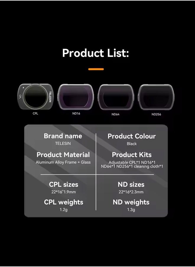 تيليسن طقم عدسات العدسة المغناطيسية TELESIN لملحقات DJI Pocket 3، 4 عبوات CPL NDL ND16 ND64 ND256 عدسة مستقطبة محايدة عالية الكثافة فائقة الدقة ورقيقة للغاية من زجاج كورنينج لمجموعة واقي العدسة الزجاجية لمجموعة عدسات Osmo Pocket 3  - Image 5