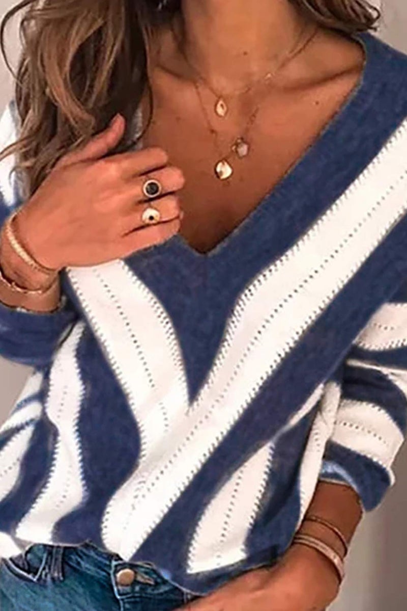 ANCAPELION Womenâ€™s V Neck Sweater Pullover Winter Casual Sweatshirt Long Sleeve Cozy Knitted Jumper Tops Loose Fit Blue Large - Image 3