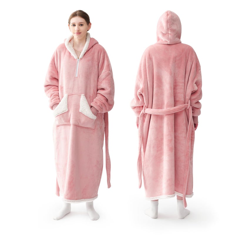 Touchat Touchat Wearable Blanket Hoodie as Gifts for Women and Men Warm and Cozy Large Blanket Sweatshirt Thick&Long Sherpa Fleece Hooded Blanket with Oversize Pocket and Belt  Winter Gifts Standard- Pink  - Image 1