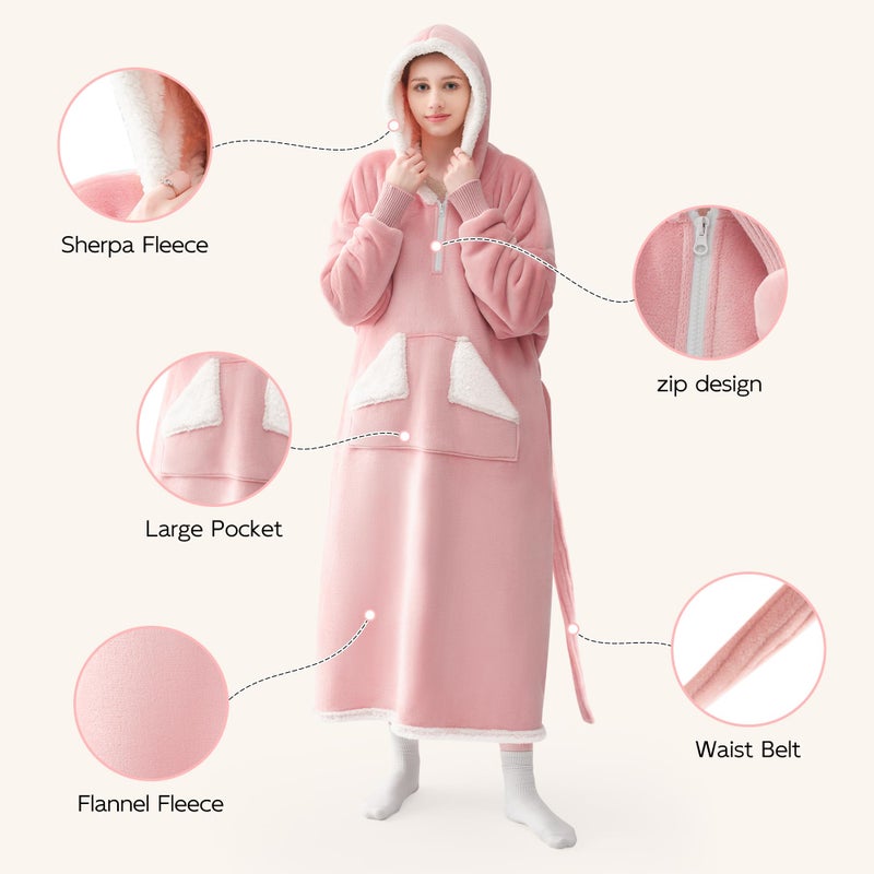 Touchat Touchat Wearable Blanket Hoodie as Gifts for Women and Men Warm and Cozy Large Blanket Sweatshirt Thick&Long Sherpa Fleece Hooded Blanket with Oversize Pocket and Belt  Winter Gifts Standard- Pink  - Image 3