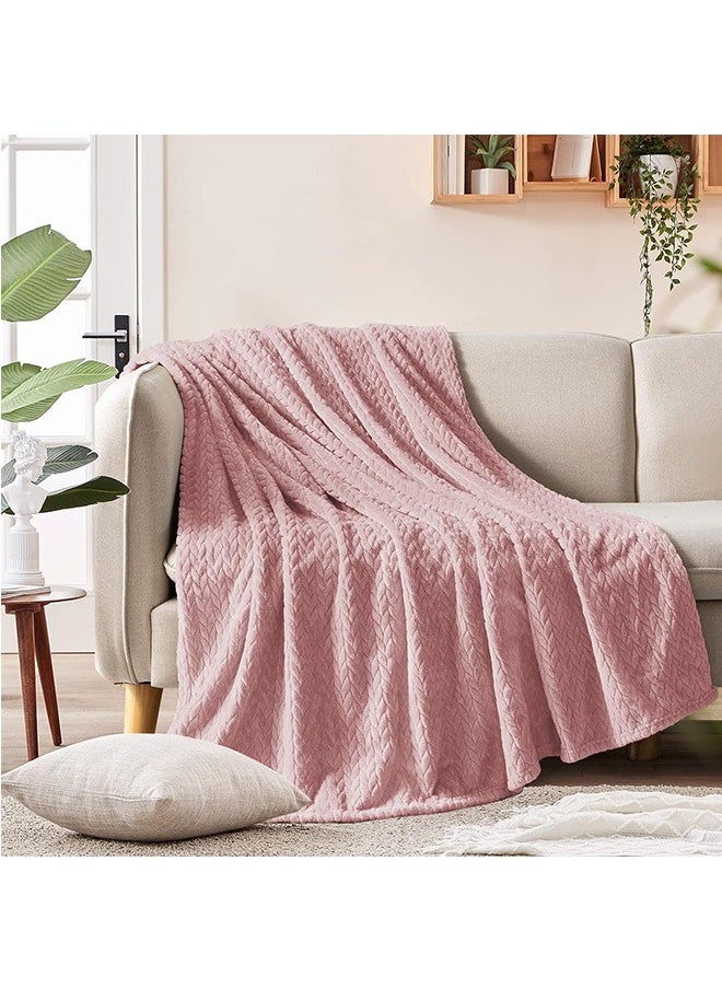LENND Large Flannel Fleece Throw Blanket, 200 * 120cm Soft Jacquard Weave Leaves Pattern Blanket for Couch, Cozy, Warm, Lightweight and Decorative Dusty Pink Blanket  - Image 1