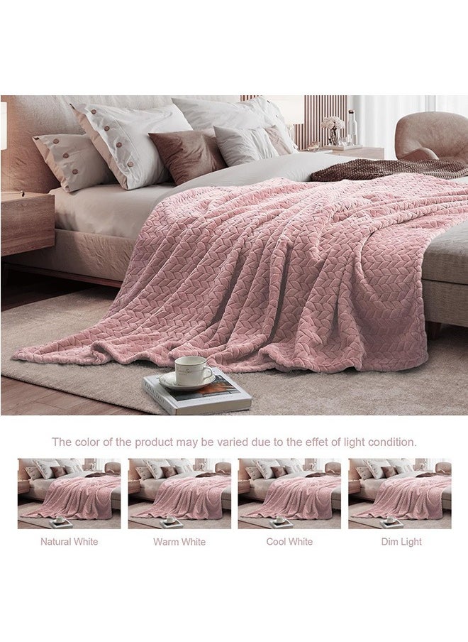 LENND Large Flannel Fleece Throw Blanket, 200 * 120cm Soft Jacquard Weave Leaves Pattern Blanket for Couch, Cozy, Warm, Lightweight and Decorative Dusty Pink Blanket  - Image 3