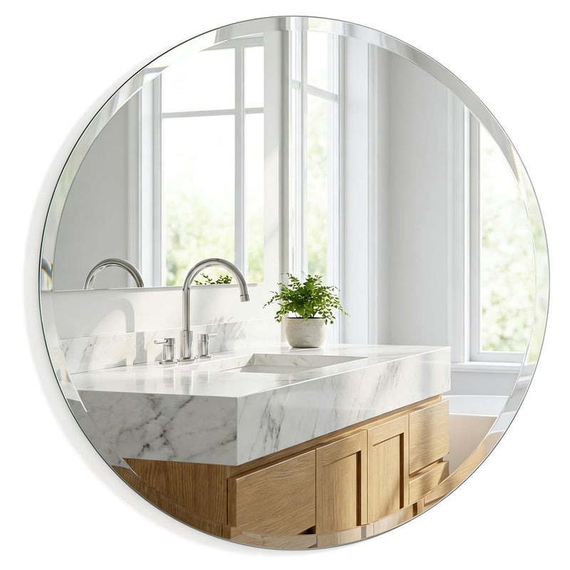 Pocetry 30 Inch Large Round Wall Mirror, Frameless Beveled Circle Mirror for Bathroom Vanity, Statement Decor Mirror for Living Room, Fireplace & Entryway, Solid Backed - Image 1