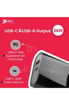 SKA 38W Fast Charger | USB-C 20W Power Delivery & USB-A 18W Quick Charge | High-Safety Design | Compact & Safe Fireproof PC Material | Travel Friendly  - Image 4
