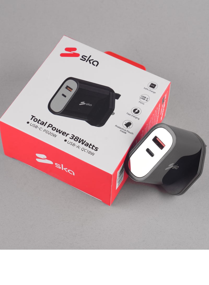 38W Fast Charger | USB-C 20W Power Delivery & USB-A 18W Quick Charge | High-Safety Design | Compact & Safe Fireproof PC Material | Travel Friendly
