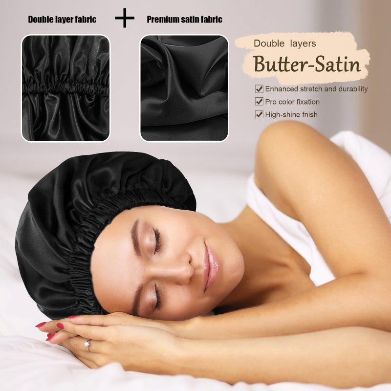 Doitory Bonnet for Sleeping Women & Men, Double Layer Silk Bonnet, Soft Satin Lined Hair Bonnets Sleep Shower Cap for Natural & Curly Hair(Black) - Image 5