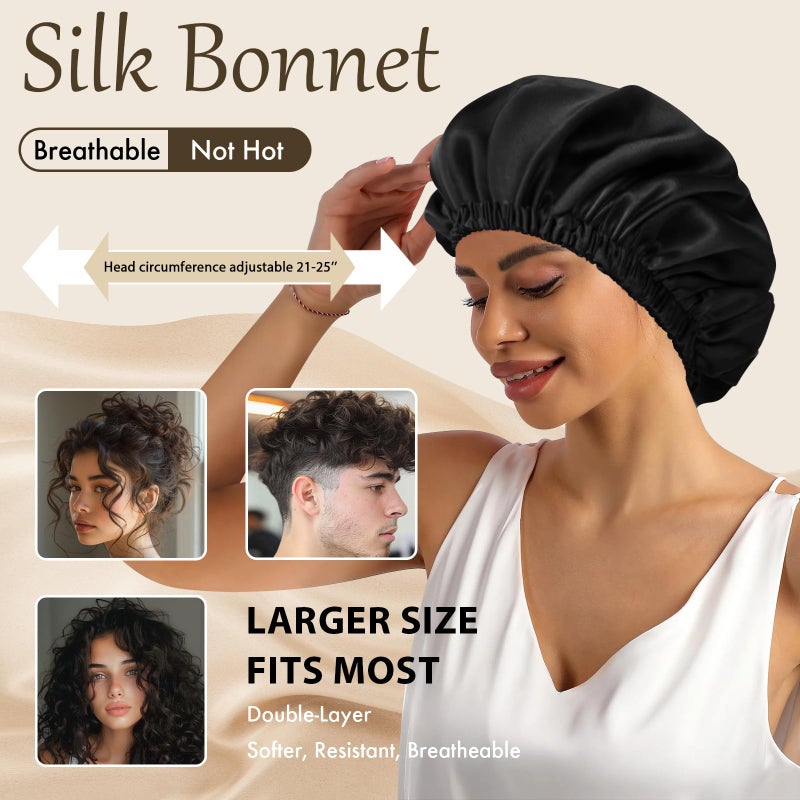 Doitory Bonnet for Sleeping Women & Men, Double Layer Silk Bonnet, Soft Satin Lined Hair Bonnets Sleep Shower Cap for Natural & Curly Hair(Black) - Image 4