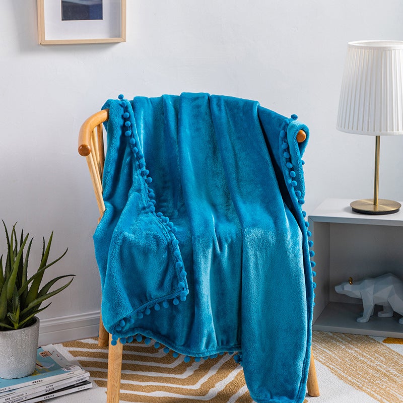 Fringe Pom-Pom Flannel Throw Blanket Solid Color Lake Blue 