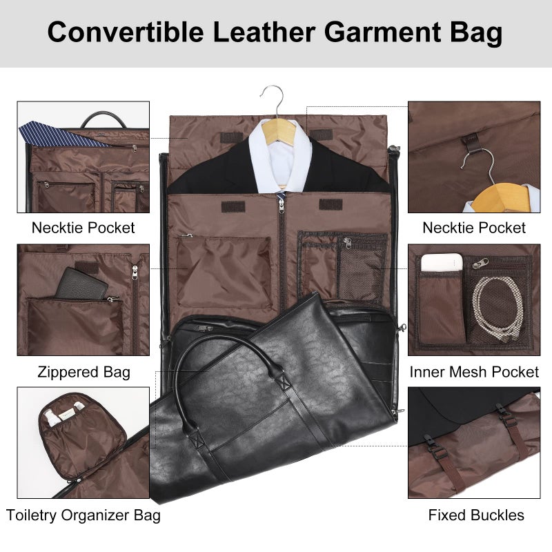 Modoker Modoker Convertible Leather Garment Bag, Carry on Garment Bags for Travel Waterproof Garment Duffel Bag Gifts for Men Women Business - 2 in 1 Hanging Suitcase Suit Travel Bags, Jet Black - Image 2
