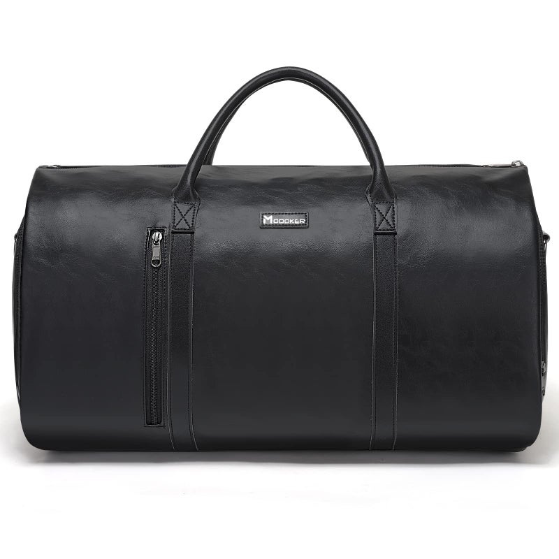 Modoker Modoker Convertible Leather Garment Bag, Carry on Garment Bags for Travel Waterproof Garment Duffel Bag Gifts for Men Women Business - 2 in 1 Hanging Suitcase Suit Travel Bags, Jet Black - Image 1