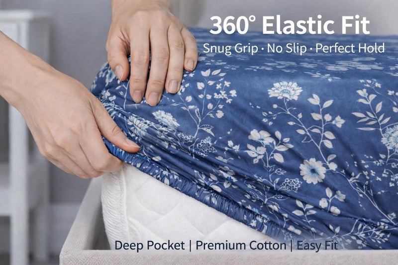 Blue Strip 220TC Glace Cotton Elastic Fitted Bedsheets Single Bed with 1 Pillow Cover | Single Bed with All Around Elastic, Size 42 X 75 Inches (Beige Lining) - Image 5