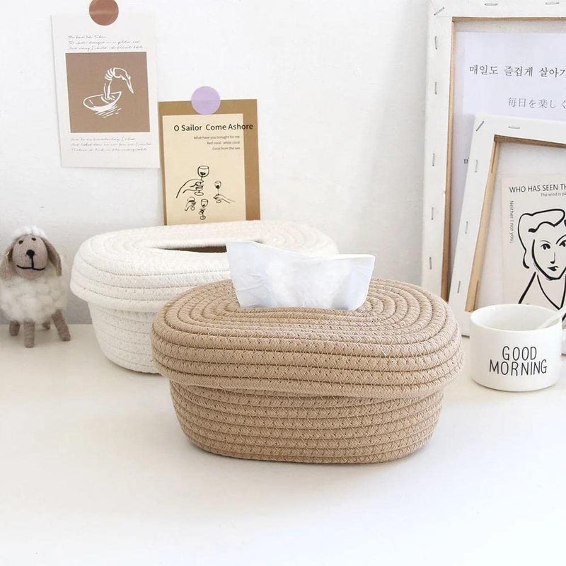 Ssanvi Handmade Woven Cotton Rope Tissue Dispenser, Holder, Washable and Durable Organizer Tray - Perfect for Dressing Table, Dining Table, Office & More (Assorted 3 Colors) - Image 3