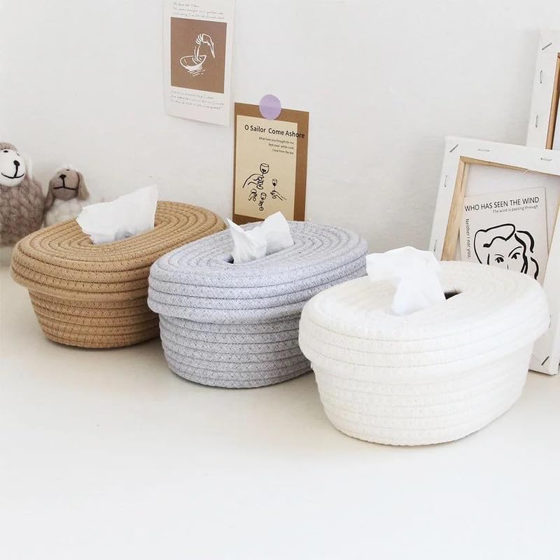 Ssanvi Handmade Woven Cotton Rope Tissue Dispenser, Holder, Washable and Durable Organizer Tray - Perfect for Dressing Table, Dining Table, Office & More (Assorted 3 Colors) - Image 1