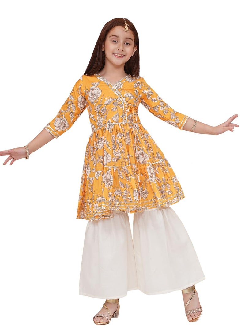 Preneum Girl's Cotton Rayon Floral Printed Angrakha Kurta with Sharara & Dupatta, Yellow, 11 Years-12 Years - Image 1
