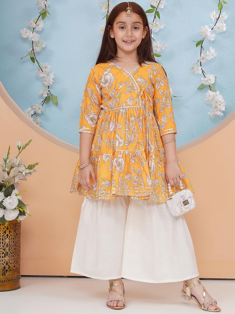 Preneum Girl's Cotton Rayon Floral Printed Angrakha Kurta with Sharara & Dupatta, Yellow, 11 Years-12 Years - Image 3