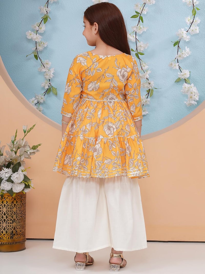 Preneum Girl's Cotton Rayon Floral Printed Angrakha Kurta with Sharara & Dupatta, Yellow, 11 Years-12 Years - Image 2