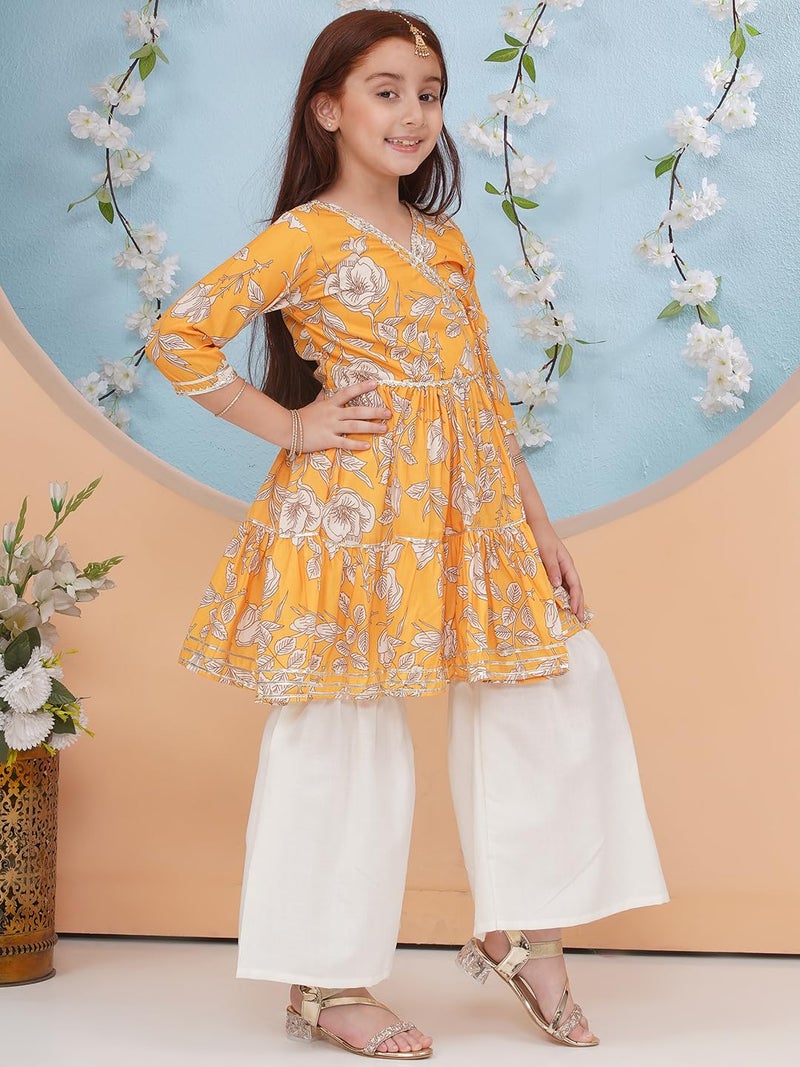Preneum Girl's Cotton Rayon Floral Printed Angrakha Kurta with Sharara & Dupatta, Yellow, 11 Years-12 Years - Image 5
