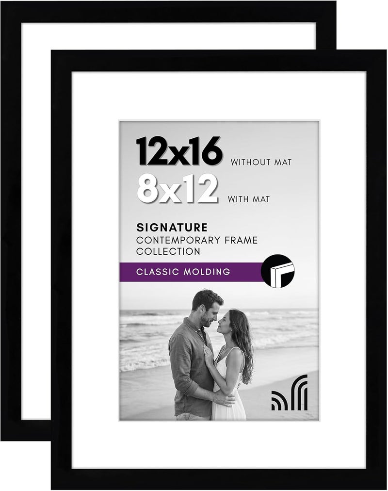 Americanflat 12x16 Picture Frame in Black - Displays 8x12 With Mat or 12x16 Without Mat - Composite Wood with Shatter Resistant Glass - Horizontal and Vertical Formats for Wall (2-Pack) - Image 1