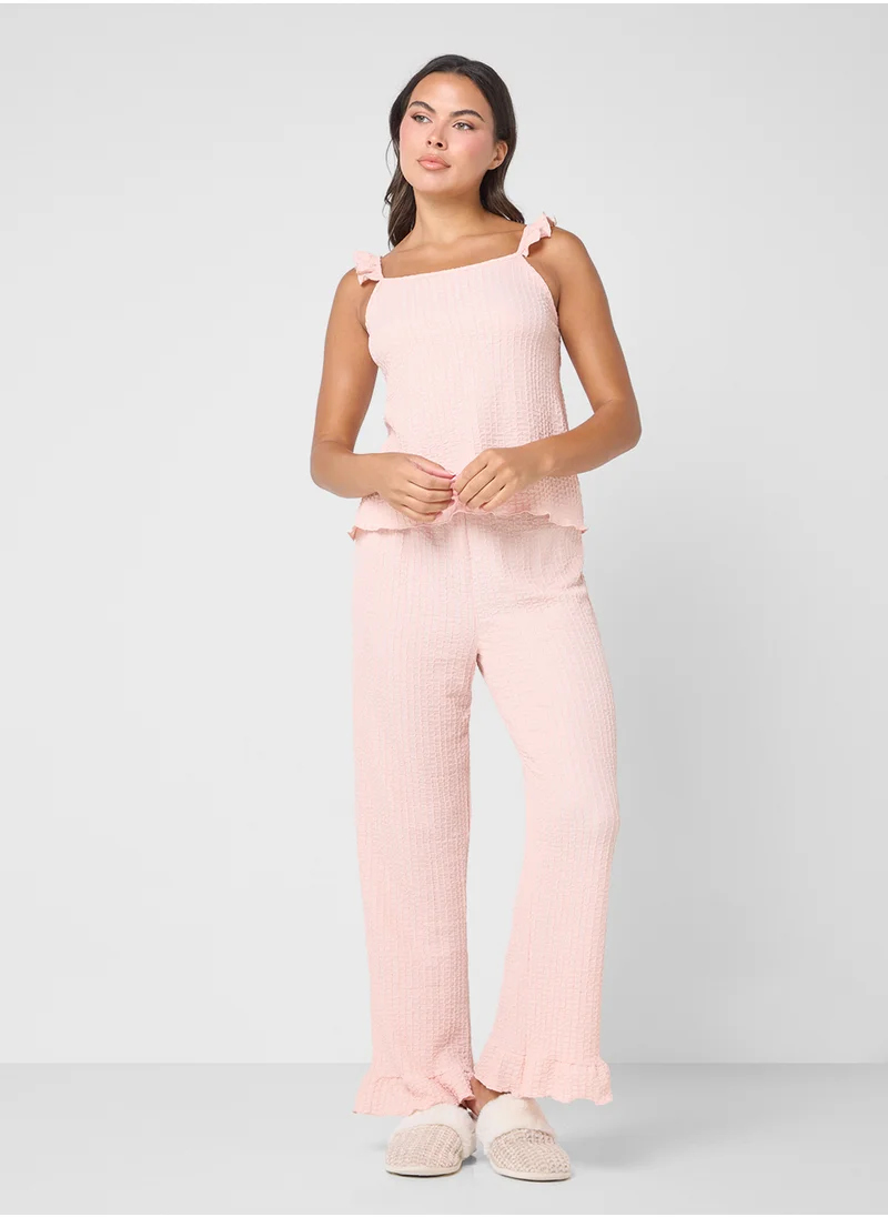 Ginger Ribbed Pyjama Set With Ruffle Details