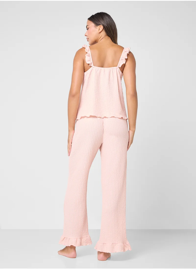 Ginger Ribbed Pyjama Set With Ruffle Details