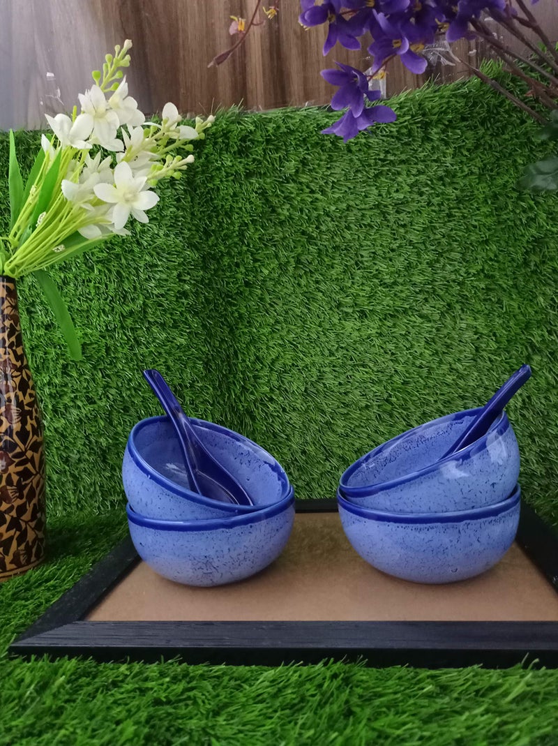 Caffeine Ceramic Handmade Blue Crackle Soup Bowl with Spoon (Set of 4) - Image 1