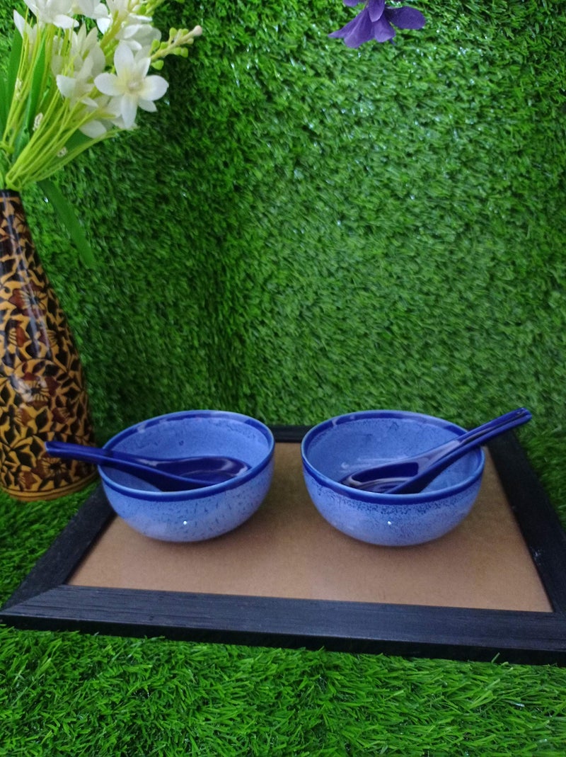 Caffeine Ceramic Handmade Blue Crackle Soup Bowl with Spoon (Set of 4) - Image 3