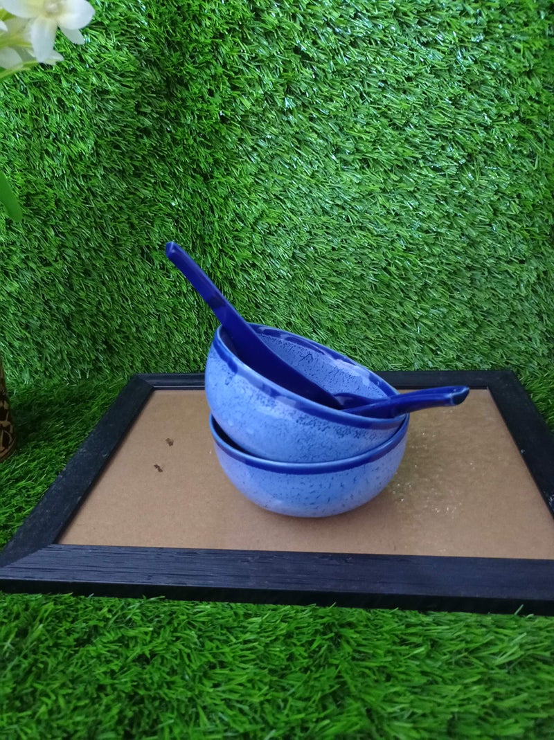 Caffeine Ceramic Handmade Blue Crackle Soup Bowl with Spoon (Set of 4) - Image 2