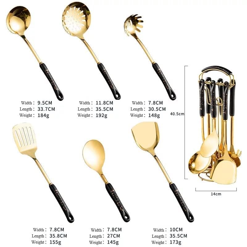 Artek Cookware Serving Spoon - Gold Plated Stainless Steel Kitchen Cooking Set with Stand - Ceramic Handle - 6 pcs (Black) - Image 4