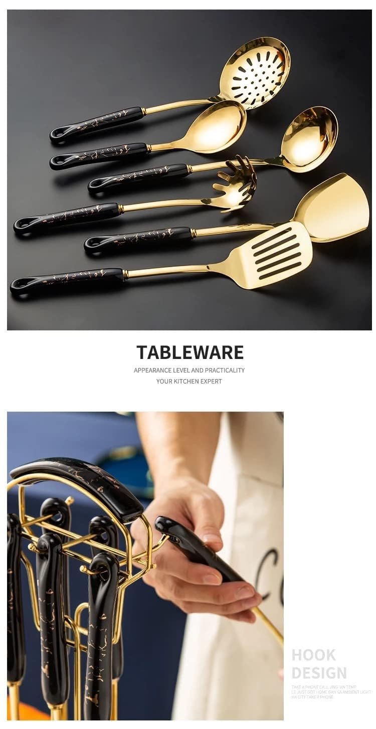 Artek Cookware Serving Spoon - Gold Plated Stainless Steel Kitchen Cooking Set with Stand - Ceramic Handle - 6 pcs (Black) - Image 5