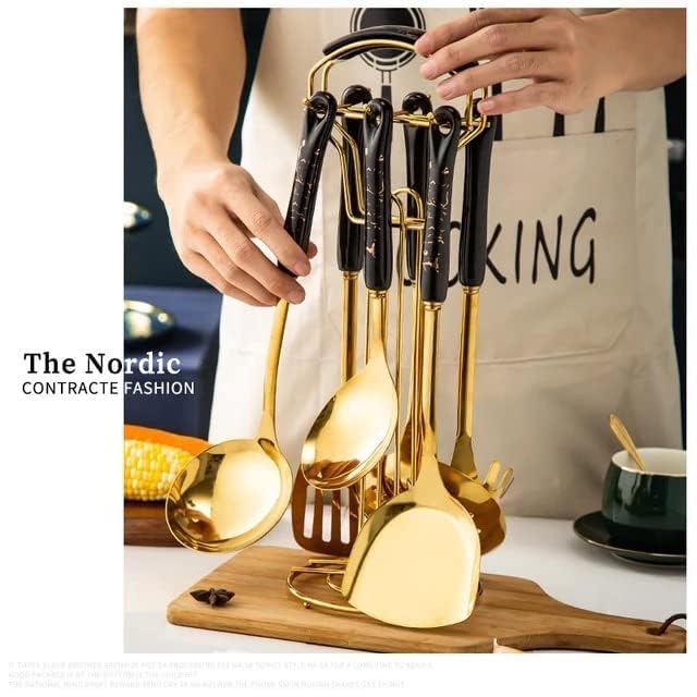 Artek Cookware Serving Spoon - Gold Plated Stainless Steel Kitchen Cooking Set with Stand - Ceramic Handle - 6 pcs (Black) - Image 3
