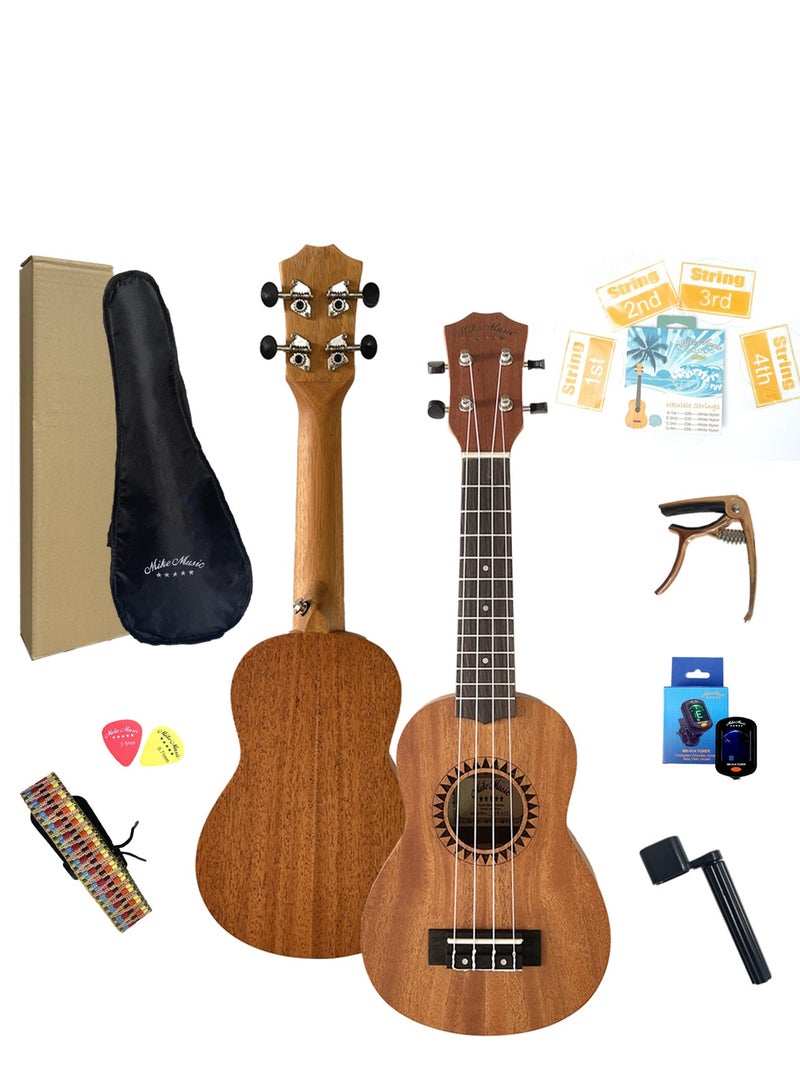 Mike Music 21-Inch Mahogany Ukulele for Beginners – Soprano Size with Gig Bag, Strings, Tuner, Picks, Strap, Capo & Winder – Complete Starter Kit - Image 1