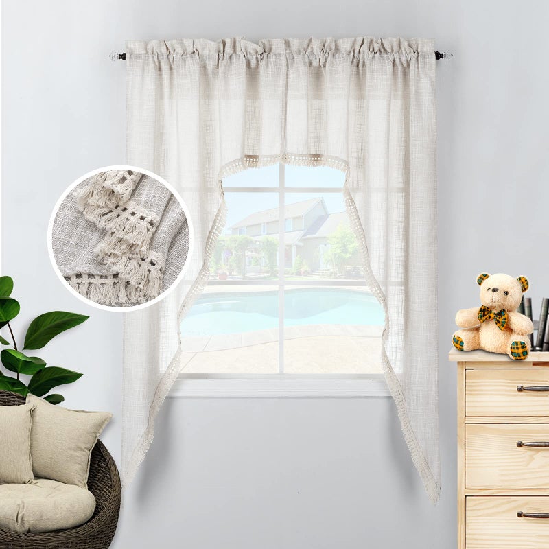 Beda Home Tassel Linen Textured Swag Valances for Farmhouses Kitchen Light Filtering Rustic Short Swag Topper for Small Windows Bedroom Privacy Added Rod Pocket Design Nature 36 x63 inch 1 Pair
