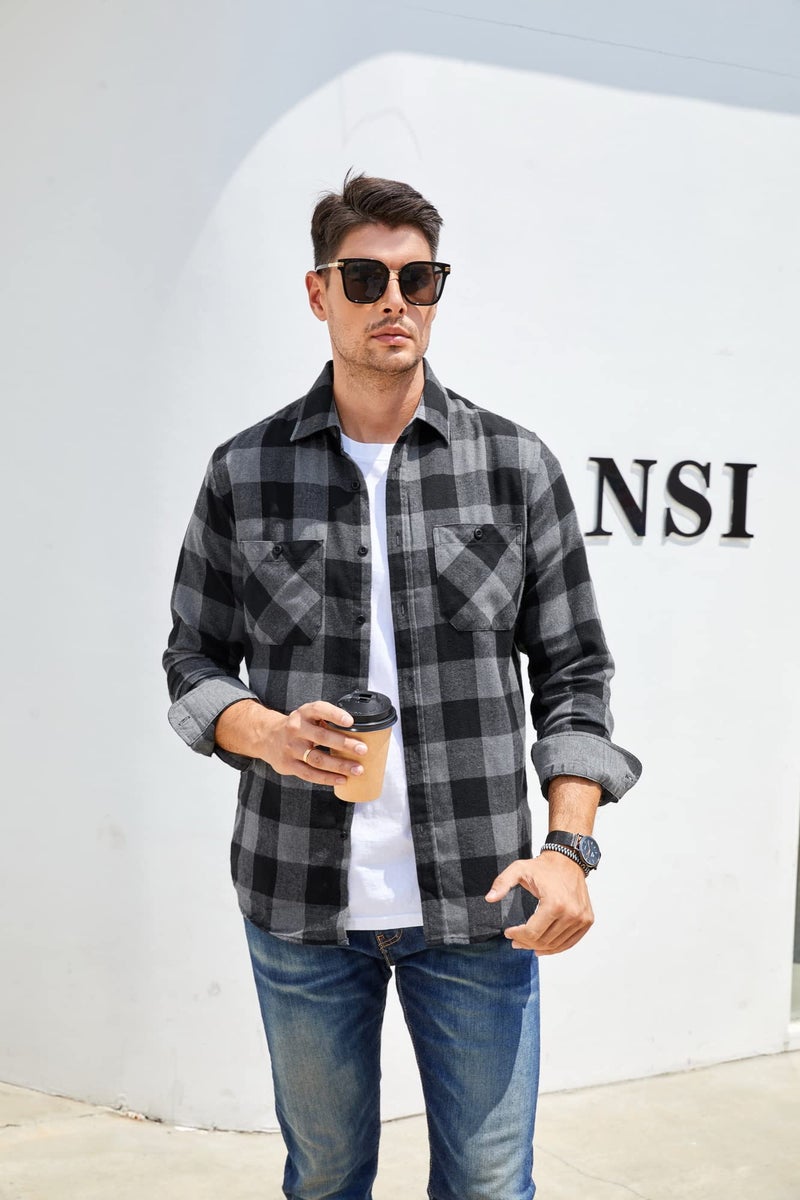 Alex Vando Mens Button Down Shirts Regular Fit Long Sleeve Casual Plaid Flannel Shirt.Grey/Black,L - Image 3