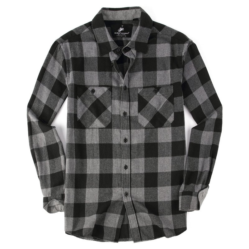 Alex Vando Mens Button Down Shirts Regular Fit Long Sleeve Casual Plaid Flannel Shirt.Grey/Black,L - Image 1