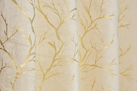 NESTPRIME Premium Soft Foil Print Tree Design Velvet Room Darkening Door Curtains 7 feet Long Set of 2 Parde for Living Room and Bedroom Eyelet Rings Cream Curtain - Image 4