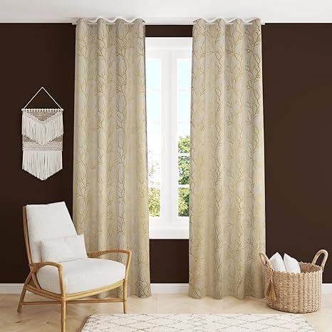 NESTPRIME Premium Soft Foil Print Tree Design Velvet Room Darkening Door Curtains 7 feet Long Set of 2 Parde for Living Room and Bedroom Eyelet Rings Cream Curtain - Image 2
