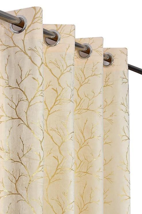 NESTPRIME Premium Soft Foil Print Tree Design Velvet Room Darkening Door Curtains 7 feet Long Set of 2 Parde for Living Room and Bedroom Eyelet Rings Cream Curtain - Image 1