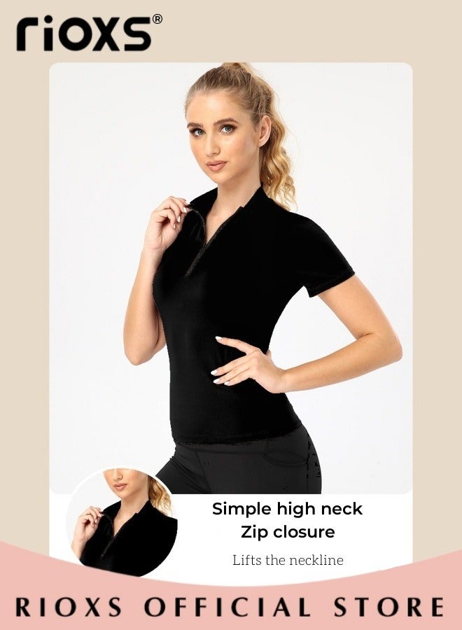 RIOXS Women's Compression Workout Shirt, Short Sleeve Stretchy Athletic Tops with Half Zip Design, Soft Breathable 1/4 Zipper Sports Tops, Suitabe for Golf, Tennis, Exercise, Hiking, Running, Lounge Wear and Other Types of Outdoor Sports Activities  - Image 3