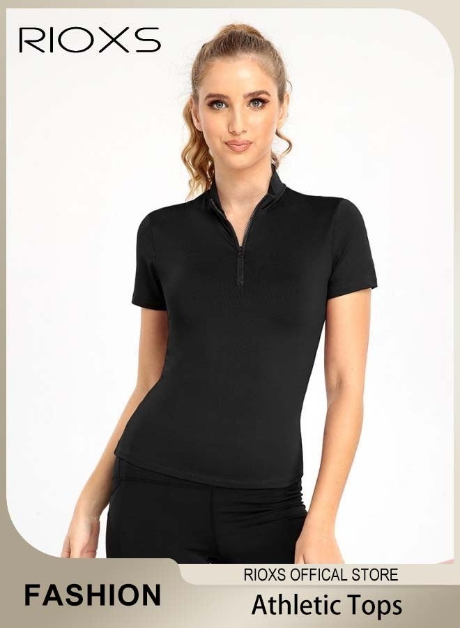 RIOXS Women's Compression Workout Shirt, Short Sleeve Stretchy Athletic Tops with Half Zip Design, Soft Breathable 1/4 Zipper Sports Tops, Suitabe for Golf, Tennis, Exercise, Hiking, Running, Lounge Wear and Other Types of Outdoor Sports Activities  - Image 1