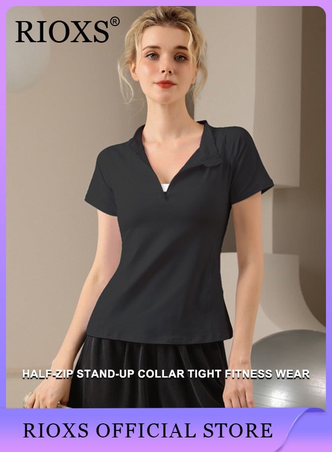 RIOXS Women's Compression Workout Shirt, Short Sleeve Stretchy Athletic Tops with Half Zip Design, Soft Breathable 1/4 Zipper Sports Tops, Suitabe for Golf, Tennis, Exercise, Hiking, Running, Lounge Wear and Other Types of Outdoor Sports Activities  - Image 2
