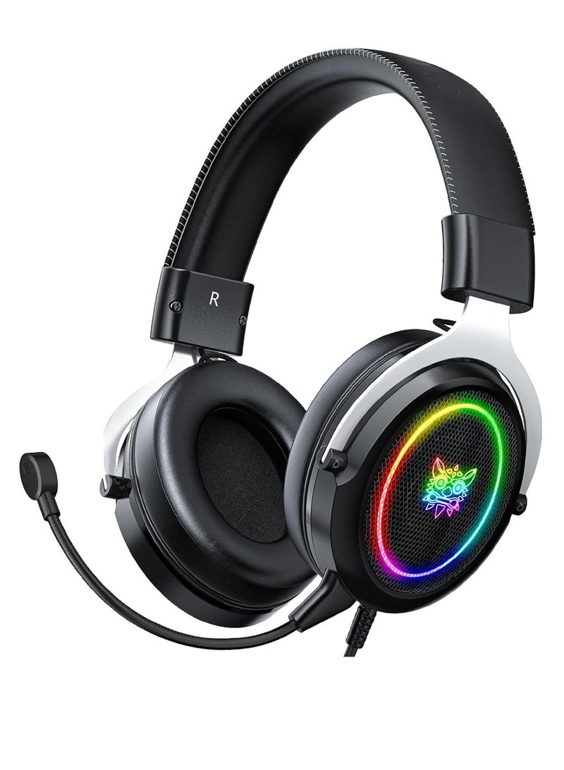 onikuma Wired Gaming Headsets RGB LED Headphones w/Mic for PS5/PS4 Black Silver - Image 1