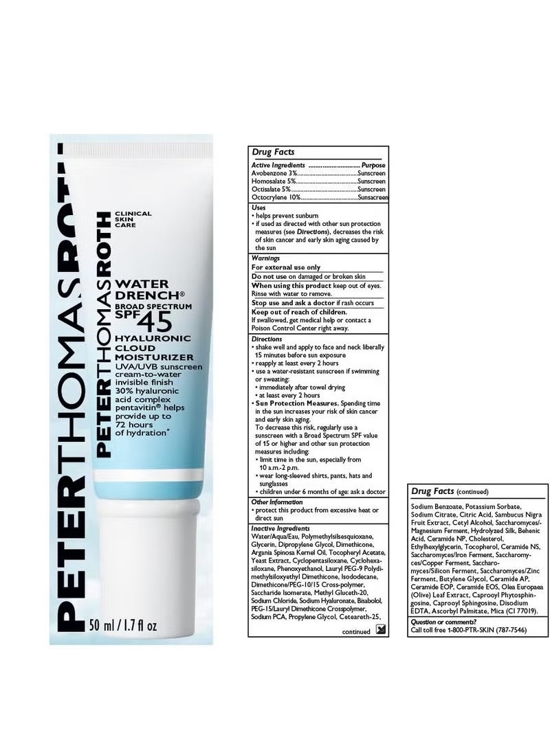 بيتر توماس روث بيتر توماس روث  Water Drench Broad Spectrum SPF 45 Hyaluronic Cloud Moisturizer  SPF Moisturizer للوجه ، واقي شمسي خفيف الوزن للوجه (حزمة من 1)  - Image 2